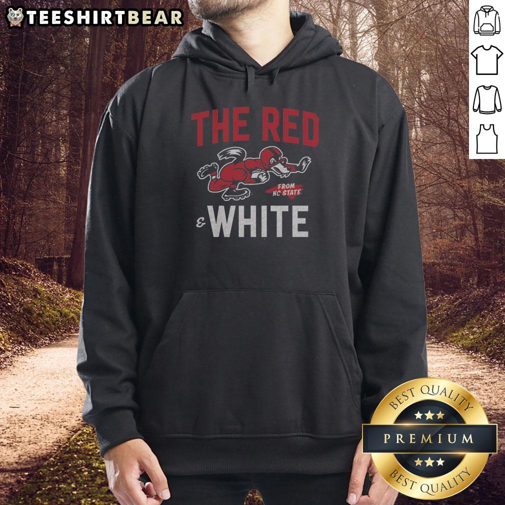 top-the-red-and-white-nc-state-football-hoodie Alt Text: Red and white NC State football hoodie displayed on a hanger, showcasing team logo and stylish design.