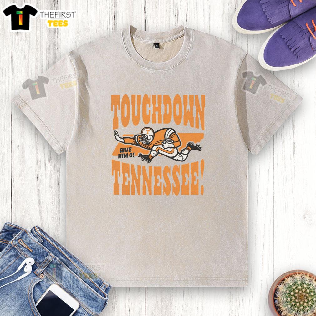 top-touchdown-tennessee-vintage-washed-t-shirt Vintage washed t-shirt featuring 'Top Touchdown Tennessee' graphic, perfect for sports fans and casual wear.