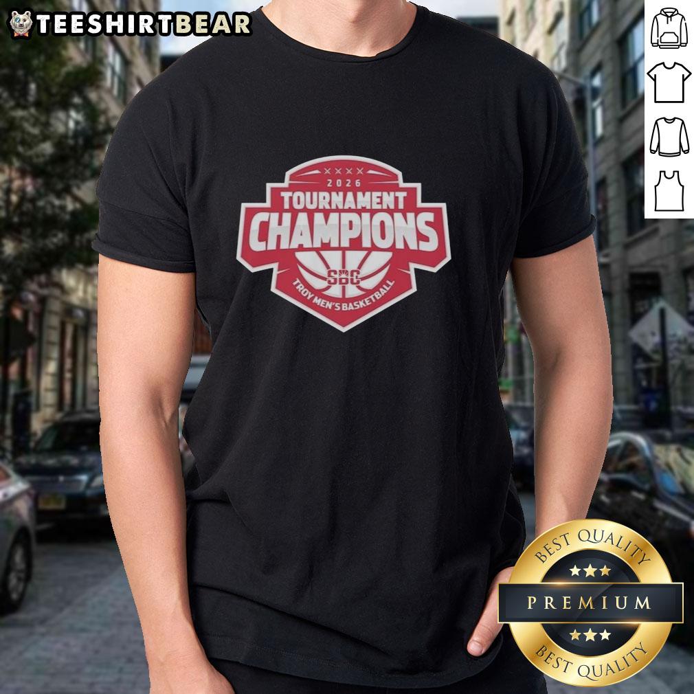 top-troy-mens-basketball-2026-tournament-champions-sbc-t-shirt-1 Alt Text: Top Troy Men's Basketball 2026 Tournament Champions SBC T-Shirt featuring vibrant team colors and logo design.