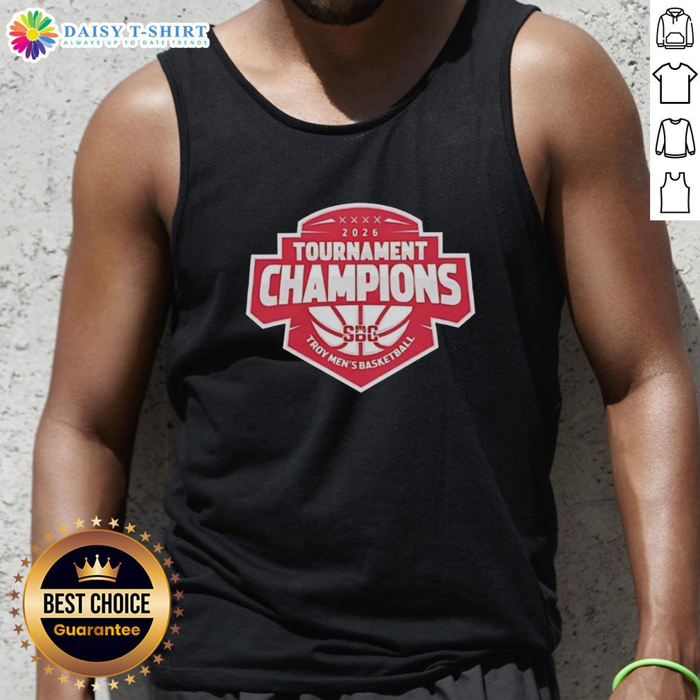 Top Troy Trojans ’26 Sun Belt Conference Men’S Basketball Tournament Champions Tank Top Top Troy Trojans tank top celebrating 2026 Sun Belt Conference Men's Basketball Tournament Champions.
