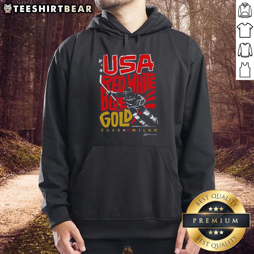 top-usa-hockey-red-white-blue-and-gold-2026-milan-hoodie Alt Text: Top USA Hockey red, white, blue, and gold hoodie for 2026 Milan, showcasing patriotic design and team spirit.
