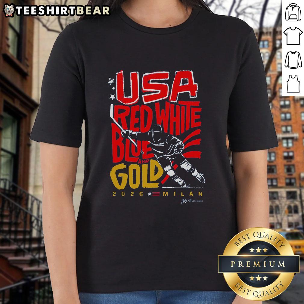 top-usa-hockey-red-white-blue-and-gold-2026-milan-ladies-tee Top USA Hockey red, white, blue, and gold 2026 Milan ladies tee featuring patriotic design and comfortable fit.
