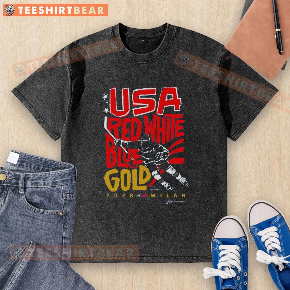 top-usa-hockey-red-white-blue-and-gold-2026-milan-washed-t-shirt Alt Text: Top USA Hockey Red White Blue and Gold 2026 Milan Washed T-Shirt featuring a stylish design for fans.