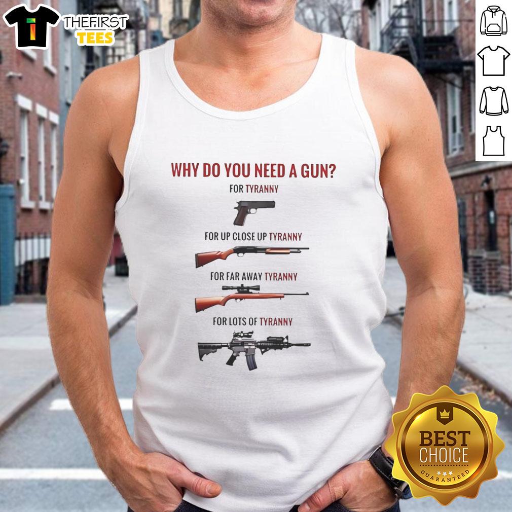 top-why-do-you-need-a-gun-for-tyranny-for-up-close-up-tyranny-for-far-away-tyranny-for-lots-of-tyranny-tank-top Close-up of 'Why You Need A Gun For Tyranny' tank top, highlighting its bold message on resisting oppression.