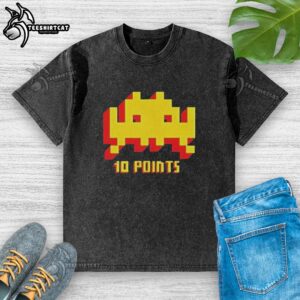 Alt Text: Premium Space Invaders 10 Points classic video game washed t-shirt featuring retro graphics and a comfortable fit.