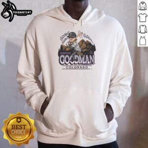 Pretty Rockies Hunter Goodman Signature Hoodie displayed on a model showcasing its stylish design and vibrant colors.