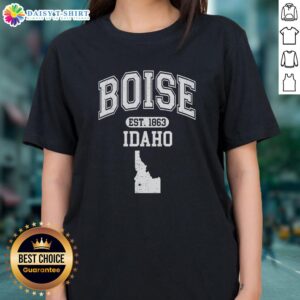 Good Boise Idaho Est. 1863 Varsity Ladies Tee showcasing stylish design and vibrant colors for a trendy look.