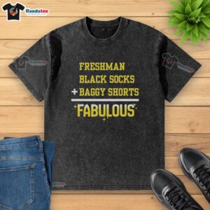 Stylish official freshman outfit featuring black socks, baggy shorts, and a fabulous washed t-shirt for casual wear.