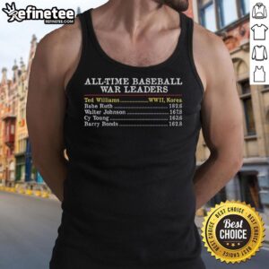 Premium all-time baseball WAR leaders tank top featuring Ted Williams, Babe Ruth, Walter Johnson, Cy Young, and Barry Bonds.