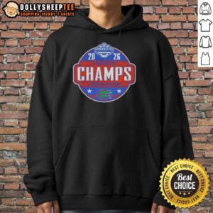 Official Florida Gators 2025 SEC Women's Gymnastics Champions hoodie featuring team colors and logo design.