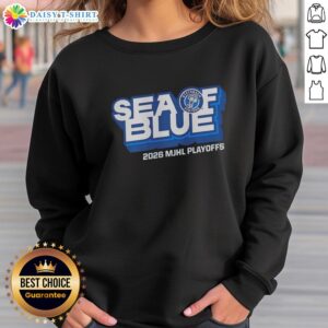 Alt Text: Good Steinbach Pistons Sea of Blue 2026 MJHL Playoff sweatshirt showcasing team pride and vibrant colors.