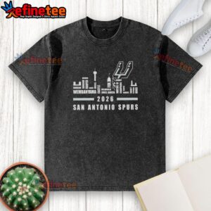 Premium San Antonio Spurs NBA 2026 washed t-shirt featuring player name and city skyline design.
