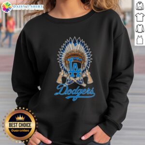 Alt Text: Awesome Los Angeles Dodgers sweatshirt featuring a Native American hat logo, perfect for fans and stylish wear.