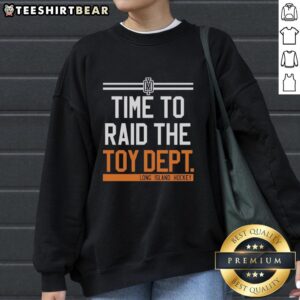 Alt Text: Official Time To Raid The Toy Dept Long Island hockey sweatshirt in navy blue featuring a bold logo and sporty design.