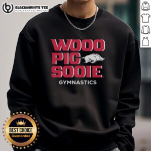 Women's Arkansas Razorbacks gymnastics sweatshirt featuring 'Woo Pig Sooie' design, perfect for fans & workouts.