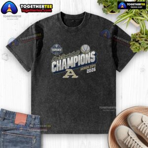 Alt Text: Akron Zips Blue 84 2026 MAC Men's Basketball Tournament Champions T-Shirt, featuring a washed design and team logo.
