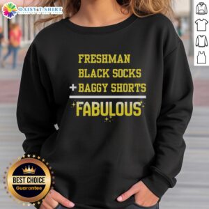 Alt Text: Stylish freshman outfit featuring black socks, baggy shorts, and a fabulous sweatshirt for a trendy look.