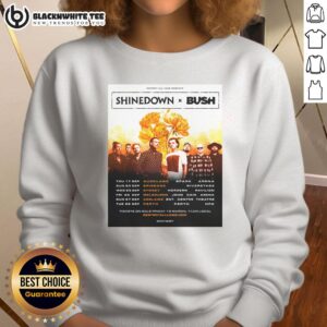 Top Shinedown x Bush Dance Kid Act II Tour Australia 2026 poster on a stylish sweatshirt, vibrant design for music fans.