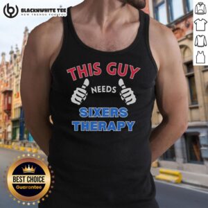 Official Philadelphia 76ers This Guy Needs Sixers Therapy tank top featuring team colors and logo, perfect for fans.