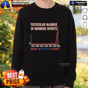 Five Stars sweatshirt featuring 'Hot Testicular Injuries in Women's Sports 1995 to 2025' design, perfect for sports enthusiasts.