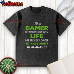 Washed t-shirt with 'Nice, I Am A Gamer' graphic, perfect for gaming enthusiasts looking for comfortable apparel.