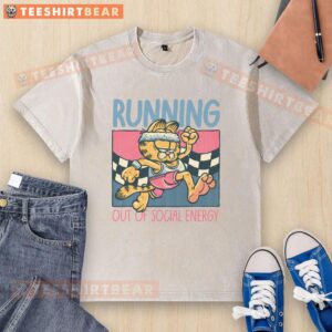 Funny Garfield running out of social energy on a washed T-shirt, showcasing a humorous cat graphic for introverts.