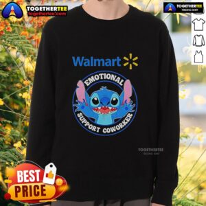 Official Happy Stitch Walmart Emotional Support Coworker Sweatshirt featuring a cozy design for comfort and style.