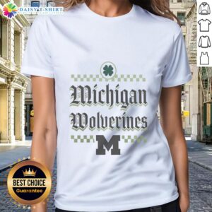 Alt Text: Awesome Michigan Wolverines St. Patrick's Day ladies tee featuring green and gold design for festive fans.