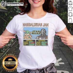 Alt Text: Awesome Mandalorian Jam Grogu and Mando ladies tee featuring vibrant graphics of Grogu and Mandalorian characters.