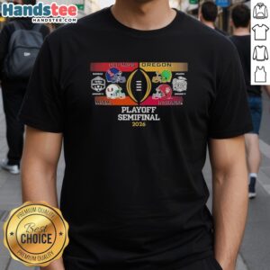 Alt Text: 2026 College Football Playoff Semifinal Matchups T-Shirt featuring Ole Miss, Oregon, Miami, and Indiana logos.