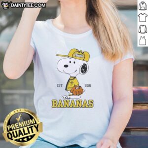 Nice Peanuts Snoopy x Savannah Bananas Est 2016 ladies tee featuring colorful graphic design and soft fabric.