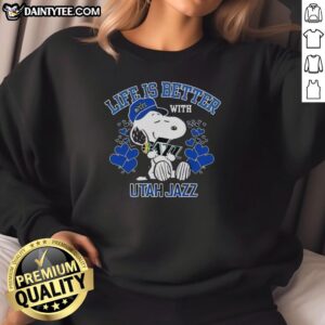 Snoopy wearing a Utah Jazz sweatshirt with 'Life Is Better With Utah Jazz' logo, showcasing team spirit.