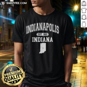 Official Indianapolis Indiana Est 1821 varsity t-shirt featuring bold lettering and a classic design in navy blue.