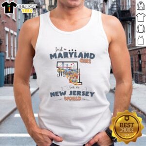 Maryland girl wearing a tank top with New Jersey state map outline design, showcasing local pride and style.