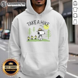 Alt Text: Pretty Peanuts Snoopy Take A Hike Hoodie featuring Snoopy and friends enjoying the outdoors in a colorful design.
