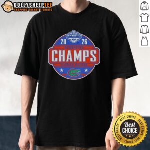 Official Florida Gators 2025 SEC Women's Gymnastics Champions T-Shirt featuring vibrant team colors and logo design.