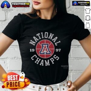 Alt Text: Vintage 1997 Arizona Basketball National Champs ladies tee featuring bold graphics celebrating the championship win.