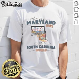 Alt Text: Maryland girl in South Carolina world t-shirt featuring state map outline design, perfect for proud locals.