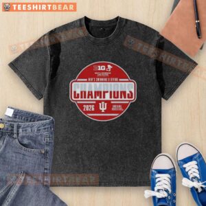 Top Indiana Hoosiers 2026 Big Ten Men's Swimming and Diving Champions washed t-shirt displayed on a wooden surface.