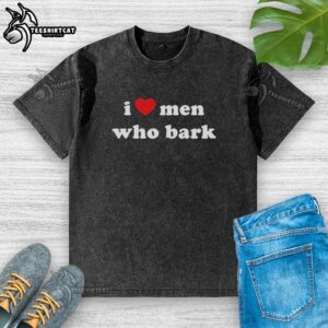 Alt Text: Original Marci wearing an I Heart Men Who Bark washed t-shirt, showcasing a casual and playful style.