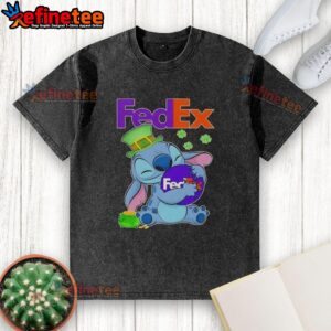 Alt Text: Cute Stitch Hug with FedEx logo on a St. Patrick's Day washed t-shirt design for festive celebrations.