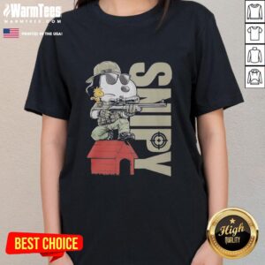 Original Snoopy Sniper and Woodstock sitting on a doghouse, featured on a ladies tee shirt design.