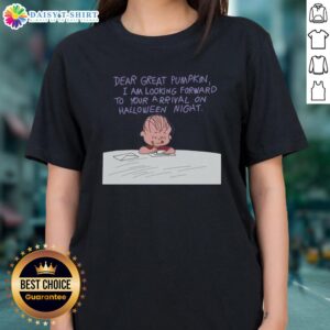 Great Pumpkin Charlie Brown Ladies Tee featuring the iconic 'Dear Great Pumpkin' graphic for Halloween lovers.