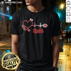 Nice Cincinnati Reds Nurse Lover Heartbeat Baseball T-Shirt featuring a heart and heartbeat design for baseball fans.