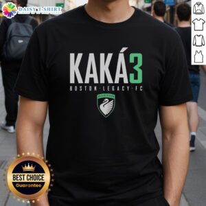 Alt Text: Top Kaka3 Boston Legacy FC logo t-shirt featuring vibrant colors and stylish design for soccer fans.