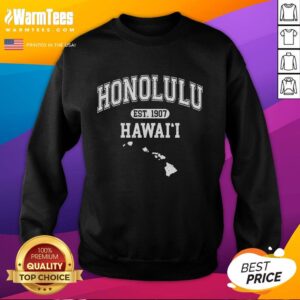 Alt Text: Official Honolulu Hawaii Est 1907 Varsity Sweatshirt in navy blue, showcasing vintage style and local pride.