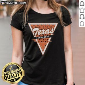 Awesome Texas Longhorns logo with palm tree pattern inside a triangle on a stylish ladies tee.