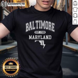 Official Baltimore Maryland Est. 1729 varsity t-shirt featuring bold lettering and a classic design for fans and locals.
