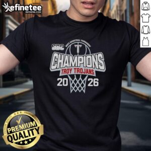 Alt Text: Official Troy Trojans Men's Basketball Tournament Champions 2026 T-Shirt featuring team logo and championship design.