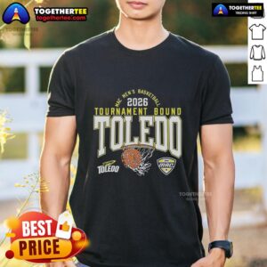 Alt Text: Hot Toledo Rockets Men's Basketball MAC 2026 Tournament Bound T-Shirt featuring team logo and vibrant design.